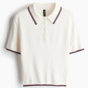Women’s Cropped FINE-KNIT Cream color POLO SHIRT with red & navy accent stripes